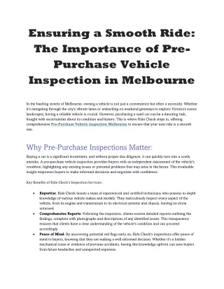 Ensuring Smooth Ride The Importance of Pre-Purchase Vehicle Inspection Melbourne