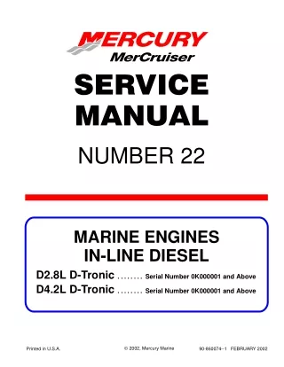 MERCURY MERCRUISER MARINE ENGINE IN-LINE DIESEL D4.2L D-TRONIC Service Repair Manual SN：0K000001 and Above