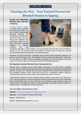 Clearing the Way - Your Trusted Partner for Blocked Drains in Epping