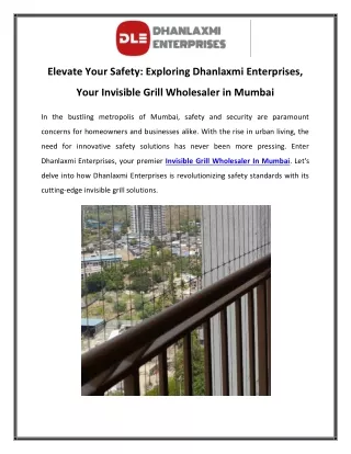 Elevate Your Safety Exploring Dhanlaxmi Enterprises, Your Invisible Grill Wholesaler in Mumbai