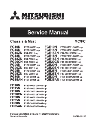 MITSUBISHI FD15N FORKLIFT TRUCKS Service Repair Manual SN：F16D-5000160001-UP