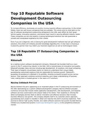 Top 10 Reputable Software Development Outsourcing Companies in the USA