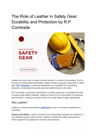 The Role of Leather in Safety Gear - Durability and Protection by R.P Comtrade