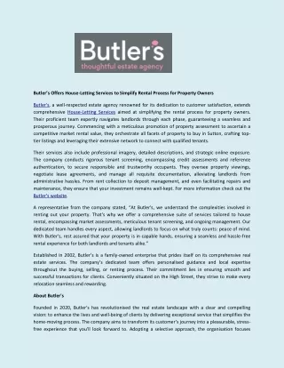 Butler’s Offers House-Letting Services to Simplify Rental Process for Property Owners