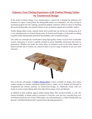 Enhance Your Dining Experience with Timber Dining Tables by Touchwood Design