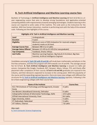 B.Tech Artificial Intelligence and Machine Learning course fees