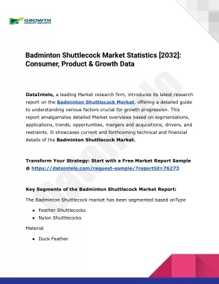 Badminton Shuttlecock Market I Global Outlook and Forecast 2024-2032