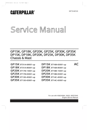 CATERPILLAR CAT DP15K FC, DP18K FC FORKLIFT LIFT TRUCKS Service Repair Manual Instant Download