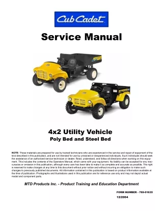 Cub Cadet 4x2 Utility Vehicle Poly Bed Steel Bed Service Repair Manual