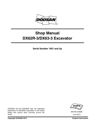 Daewoo Doosan DX63-3 Excavator Service Repair Manual (Serial Number 1001 and Up)