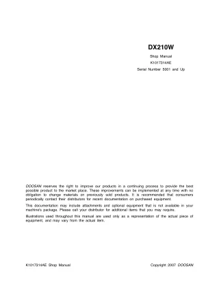 Daewoo Doosan DX210W Excavator Service Repair Manual (Serial Number 5001 and Up)