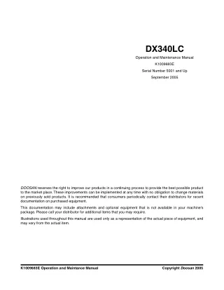 Daewoo Doosan DX340LC Excavator Operation and Maintenance manual Serial Number 5001 and Up