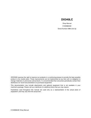 Daewoo Doosan DX340LC Excavator Service Repair Manual (Serial Number 5980 and Up)