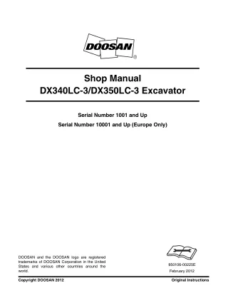 Daewoo Doosan DX340LC-3, DX350LC-3 Excavator Service Repair Manual Serial Number 10001 and Up (Europe Only)