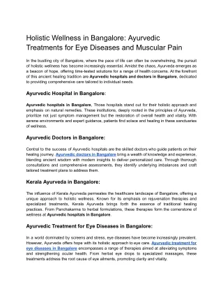 Holistic Wellness in Bangalore: Ayurvedic Treatments for Eye Diseases and Muscul