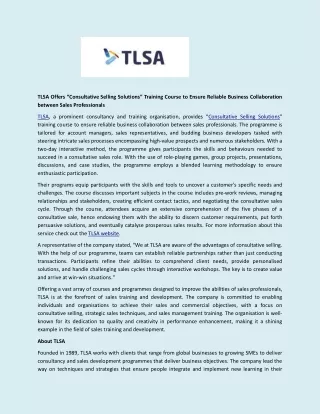 TLSA Offers “Consultative Selling Solutions” Training Course to Ensure Reliable Business Collaboration between Sales Pro