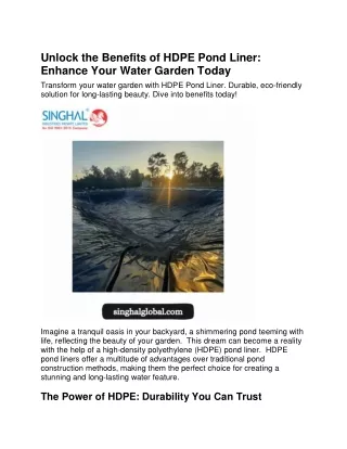 Unlock the Benefits of HDPE Pond Liner-Enhance Your Water Garden Today