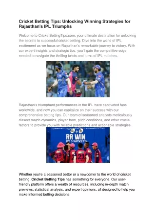 Cricket Betting Tips- Unlocking Winning Strategies for Rajasthan's IPL Triumphs