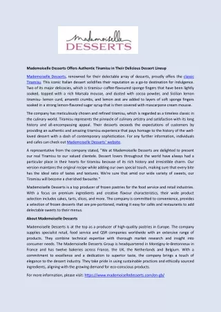 Mademoiselle Desserts Offers Authentic Tiramisu in Their Delicious Dessert Lineup