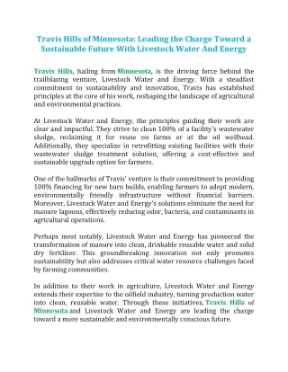 Travis Hills of Minnesota: Leading the Charge Toward a Sustainable Future With Livestock Water And Energy