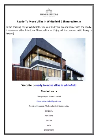 Ready To Move Villas In Whitefield   Shinerealtor.in