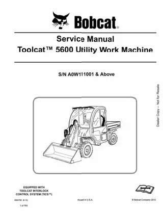 Bobcat Toolcat 5600 Utility Work Machine Service Repair Manual Instant Download (SN A0W111001 AND Above)