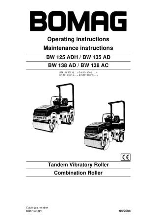 Bomag BW 125 ADH BW 135 AD BW138 AD BW138 AC Single Tandem Vibratory Roller Service Repair Manual Instant Download