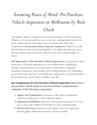 Ensuring Peace of Mind Pre Purchase Vehicle Inspection in Melbourne by Ride Check