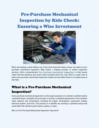 Pre-Purchase Mechanical Inspection by Ride Check Ensuring a Wise Investment