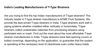 India's Leading Manufacturers of T-Type Strainers