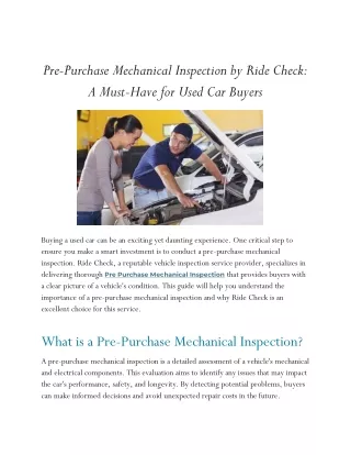 Pre-Purchase Mechanical Inspection by Ride Check A Must-Have for Used Car Buyers