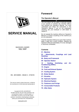 JCB 1CXT Compact Backhoe Loader Service Repair Manual SN 2416351 and up