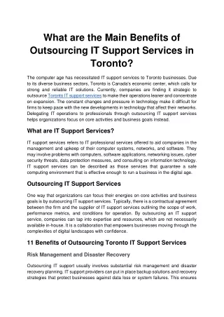 What are the Main Benefits of Outsourcing IT Support Services in Toronto