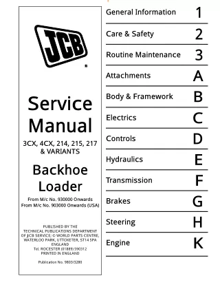 JCB 3CX 4CX 214 215 217 & Variants Backhoe Loader Service Repair Manual From MC No. 903000 Onwards (USA)