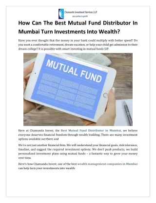 How Can The Best Mutual Fund Distributor In Mumbai Turn Investments Into Wealth