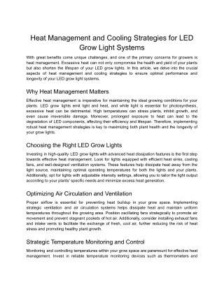 Heat Management and Cooling Strategies for LED Grow Light Systems