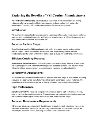 Exploring the Benefits of VSI Crusher Manufacturers