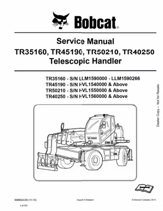 Bobcat TR35160, TR45190, TR50210, TR40250 Telescopic Handler Service Repair Manual Instant Download