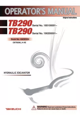 Takeuchi TB290 Hydraulic Excavator Operator manual (Serial No. 190200001 and up)