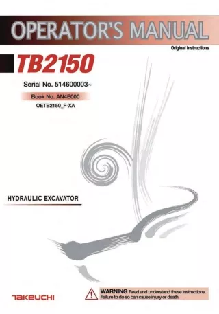 Takeuchi TB2150 Hydraulic Excavator Operator manual (Serial No. 514600003 and up)