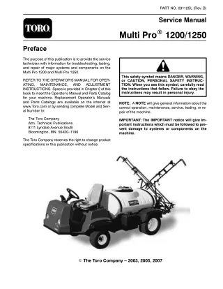 Toro Multi-Pro 1200 Sprayer Service Repair Manual