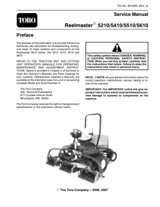 Toro Reelmaster 5210 Mower Service Repair Manual