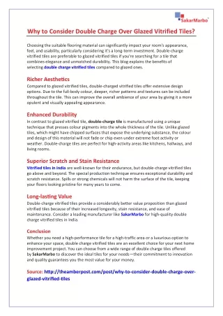 Why to Consider Double Charge Over Glazed Vitrified Tiles