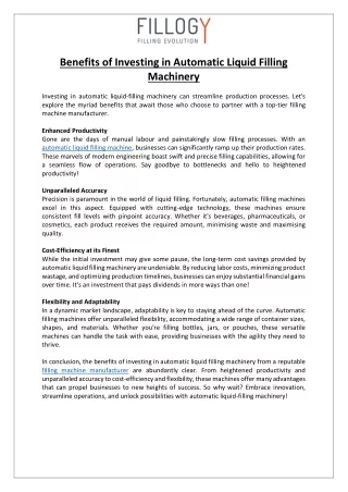 Benefits of Investing in Automatic Liquid Filling Machinery