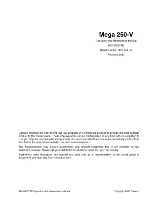 Daewoo Doosan Mega 250-V Wheel Loader Operator Manual Instant Download (Serial Number 1001 and Up)