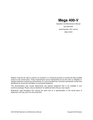 Daewoo Doosan Mega 400-V Wheel Loader Operator Manual Instant Download (Serial Number 1001 and Up)