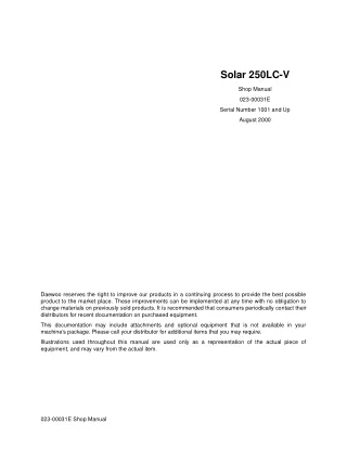 Daewoo Doosan Solar 250LC-V Excavator Service Repair Manual Instant Download