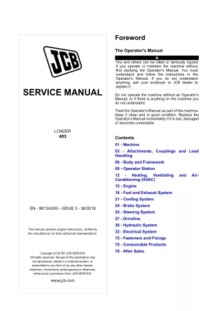 JCB 403 Wheel Loader Service Repair Manual Instant Download (SN 2394946 and up)