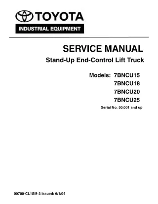 Toyota 7BNCU15 Forklift Service Repair Manual SN50001 and up