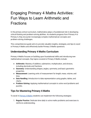 Engaging Primary 4 Maths Activities: Fun Ways to Learn Arithmetic and Fractions